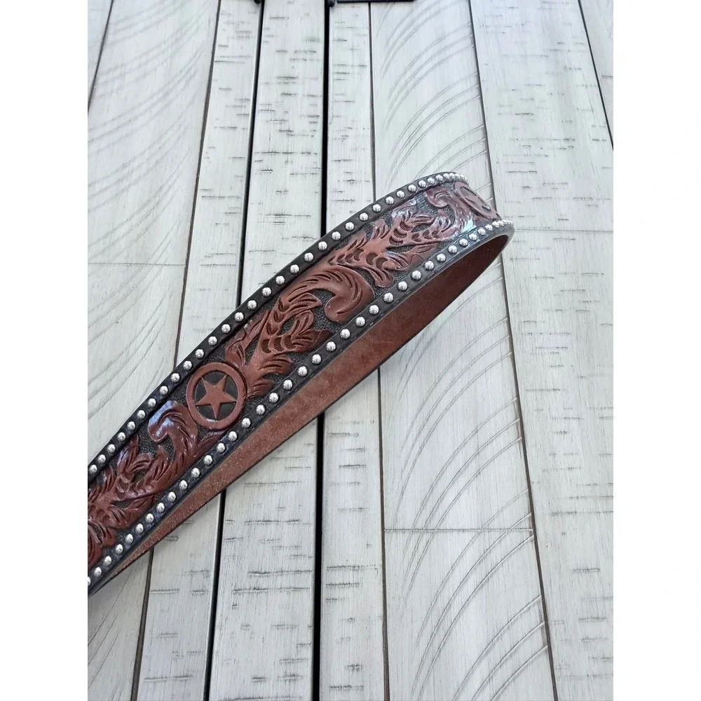 V- 037- 3-D Belt Co Mens Brown Hand Tooled Leather Western Star Studded Belt 36